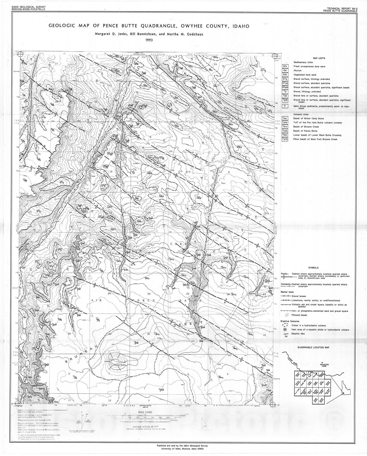 Map : Geologic map of Pence Butte quadrangle, Owyhee County, Idaho, 1993 Cartography Wall Art :