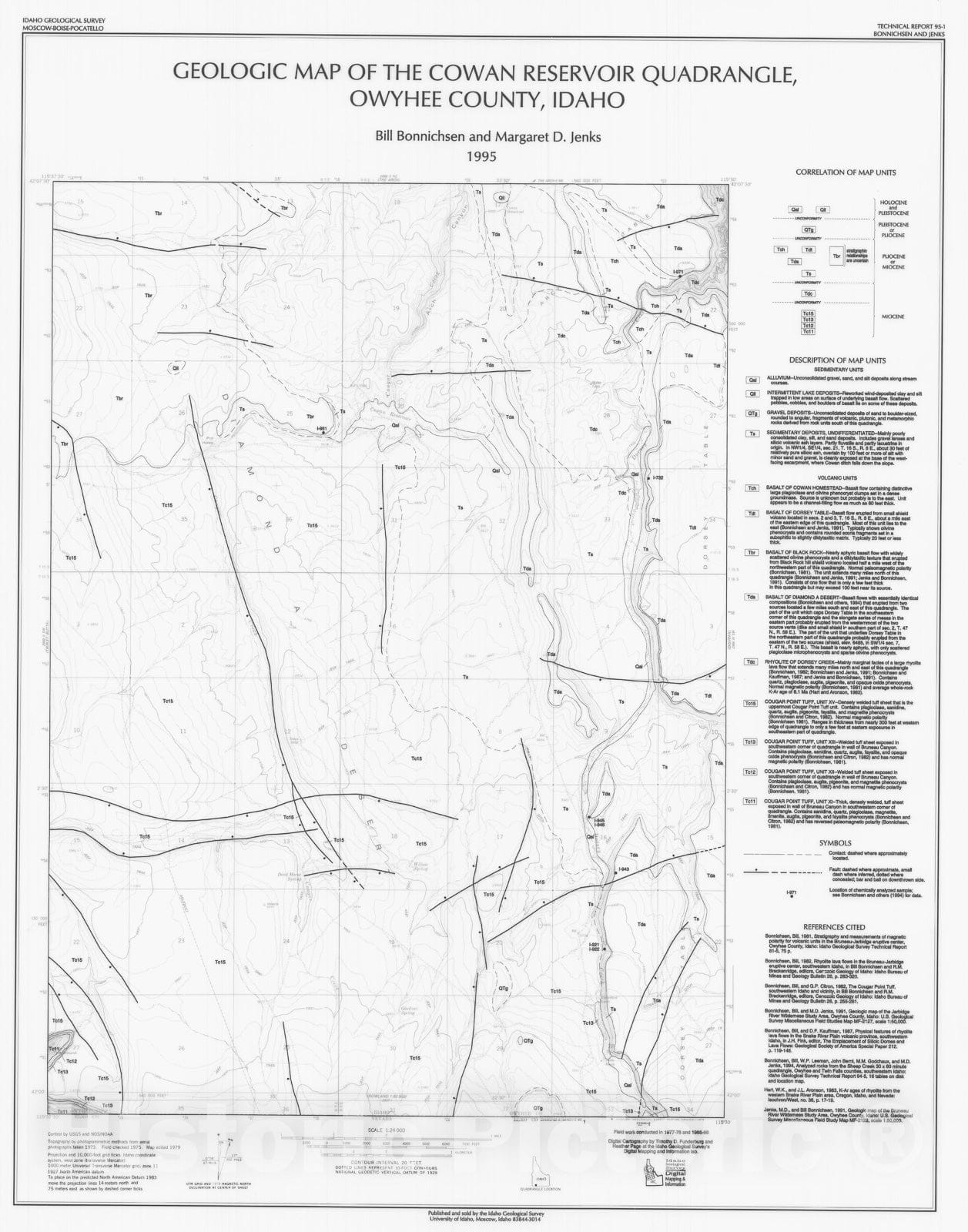 Map : Geologic map of the Cowan Reservoir quadrangle, Owyhee County, Idaho, 1995 Cartography Wall Art :