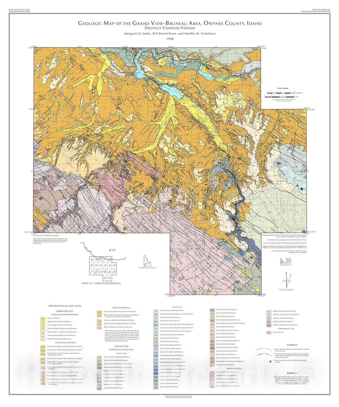 Map : Geologic map of the Grand View-Bruneau area, Owyhee County, Idaho, 1998 Cartography Wall Art :