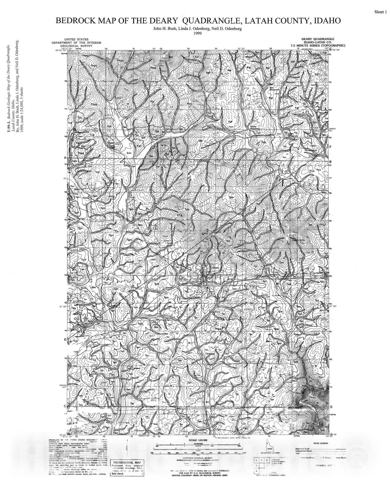 Map : Bedrock geologic map of the Deary quadrangle, Latah County, Idaho, 1999 Cartography Wall Art :