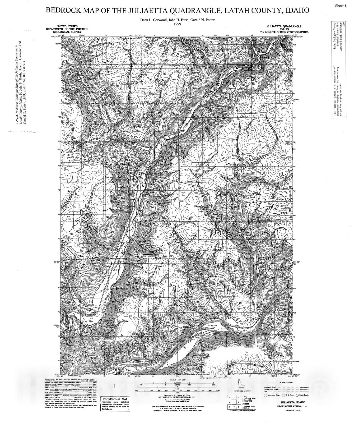 Map : Bedrock geologic map of the Juliaetta quadrangle, Latah County, Idaho, 1999 Cartography Wall Art :