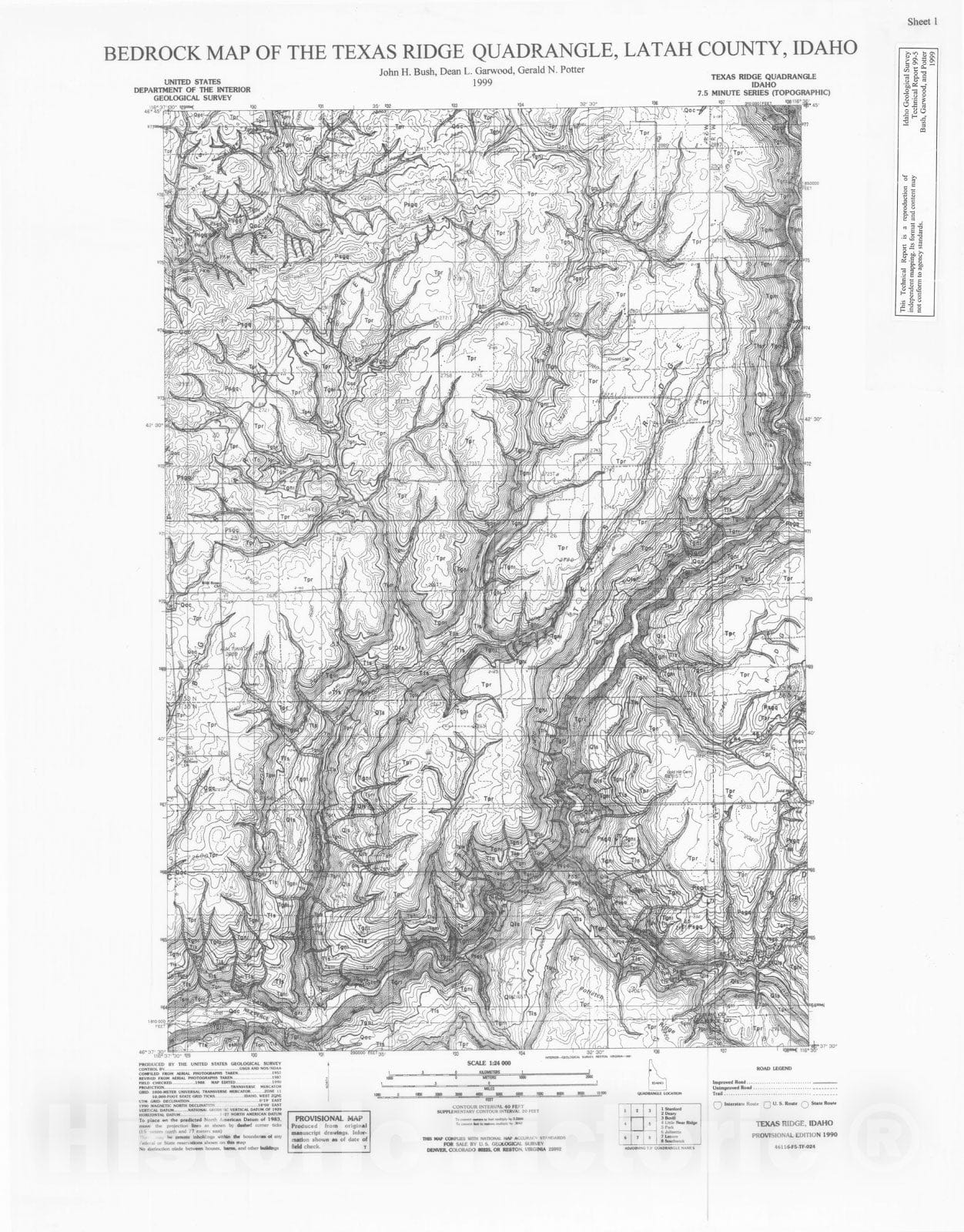 Map : Bedrock geologic map of the Texas Ridge quadrangle, Latah County, Idaho, 1999 Cartography Wall Art :