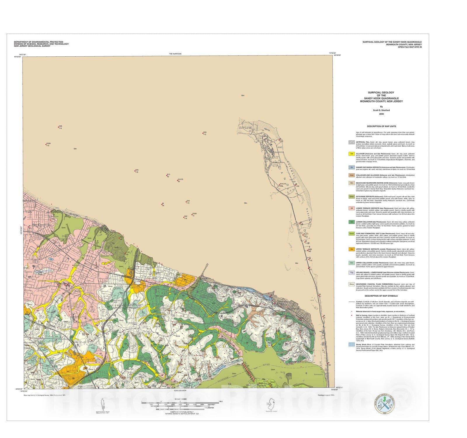 Map : Surficial Geology of the Sandy Hook Quadrangle, Monmouth County, New Jersey, 2000 Cartography Wall Art :