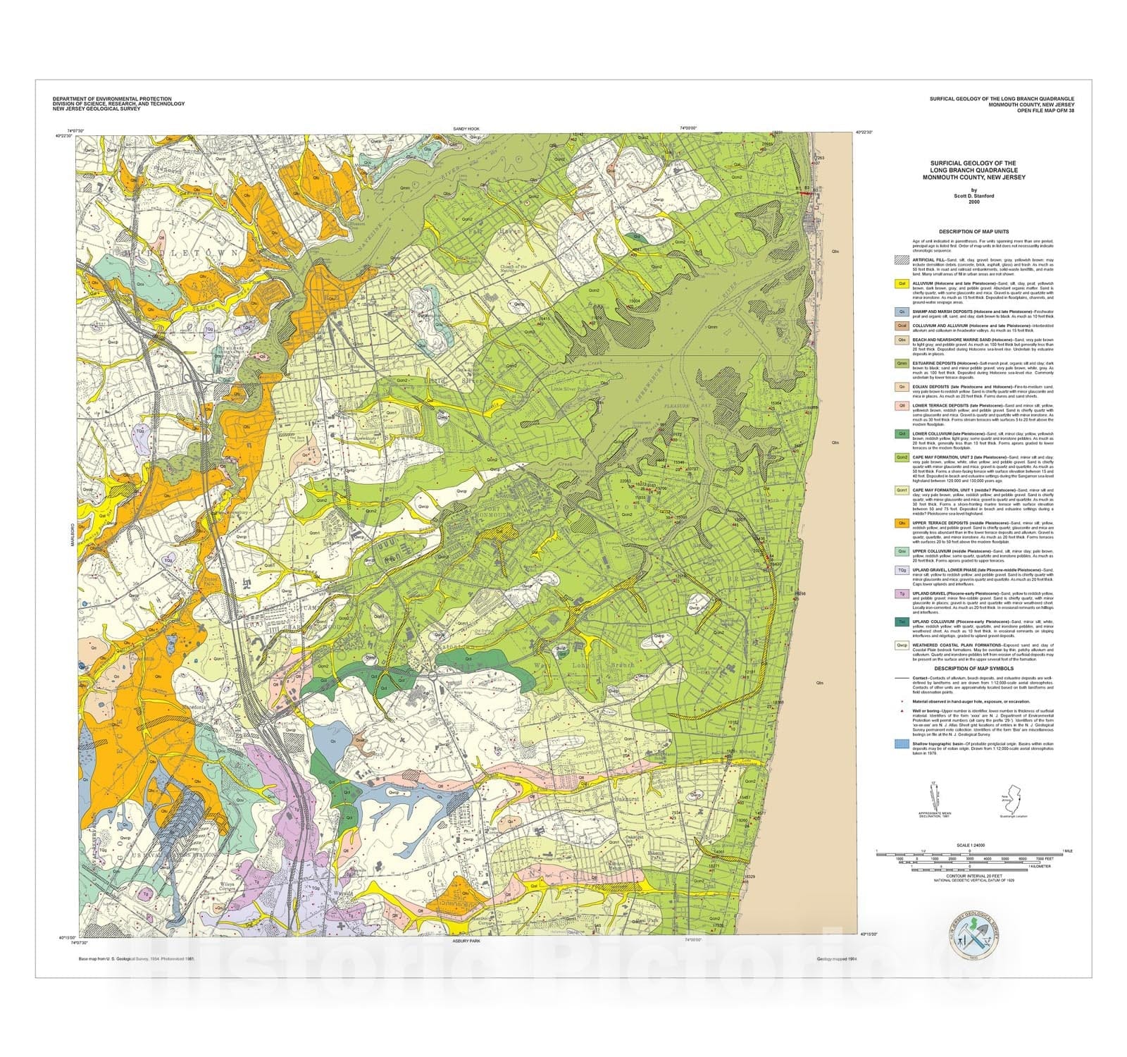 Map : Surficial Geology of the Long Branch Quadrangle, Monmouth County, New Jersey, 2000 Cartography Wall Art :