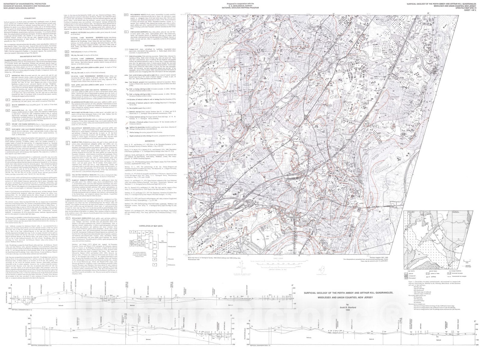 Map : Surficial Geology of the Perth Amboy and Arthur Kill Quadrangles, Middlesex and Union Counties, New Jersey, 1999 Cartography Wall Art :