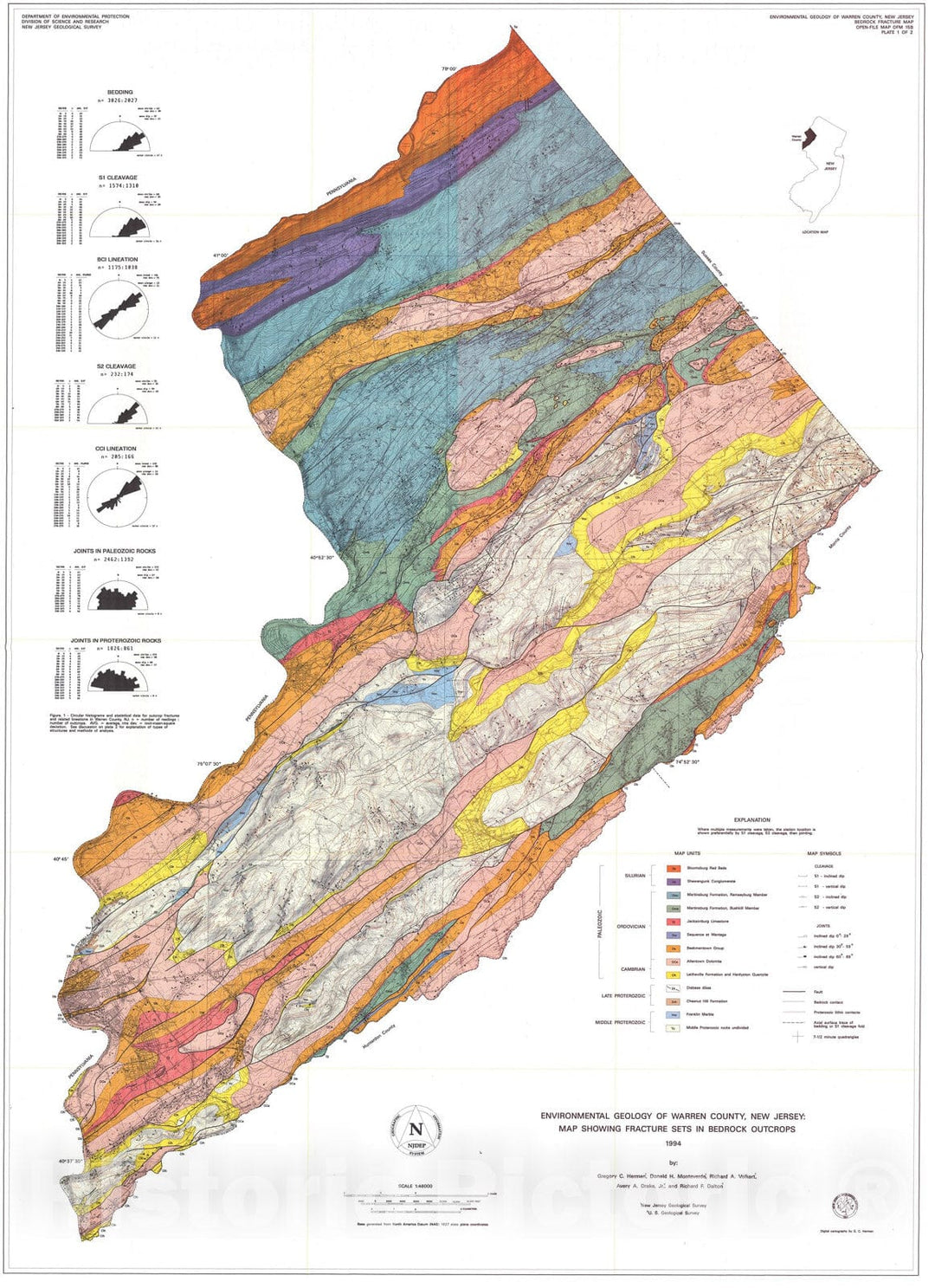 Map : Environmental Geology of Warren County, New Jersey:  Map showing fracture sets in bedrock outcrops., 1994 Cartography Wall Art :