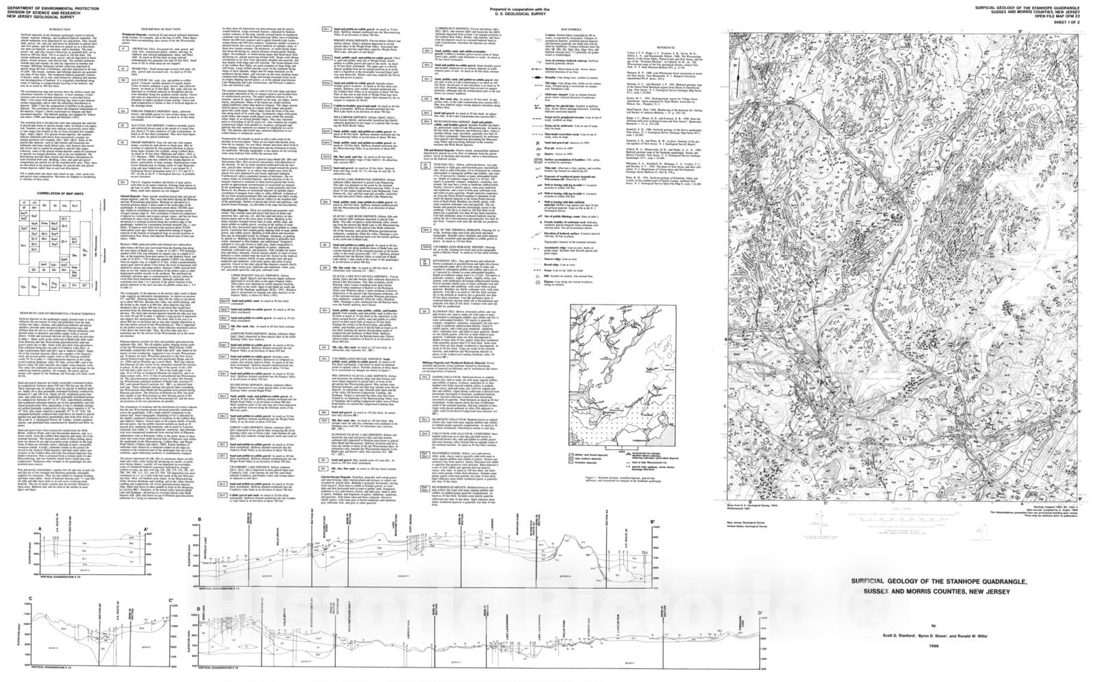Map : Surficial Geology of the Stanhope Quadrangle, Morris and Sussex Counties, New Jersey, 1996 Cartography Wall Art :