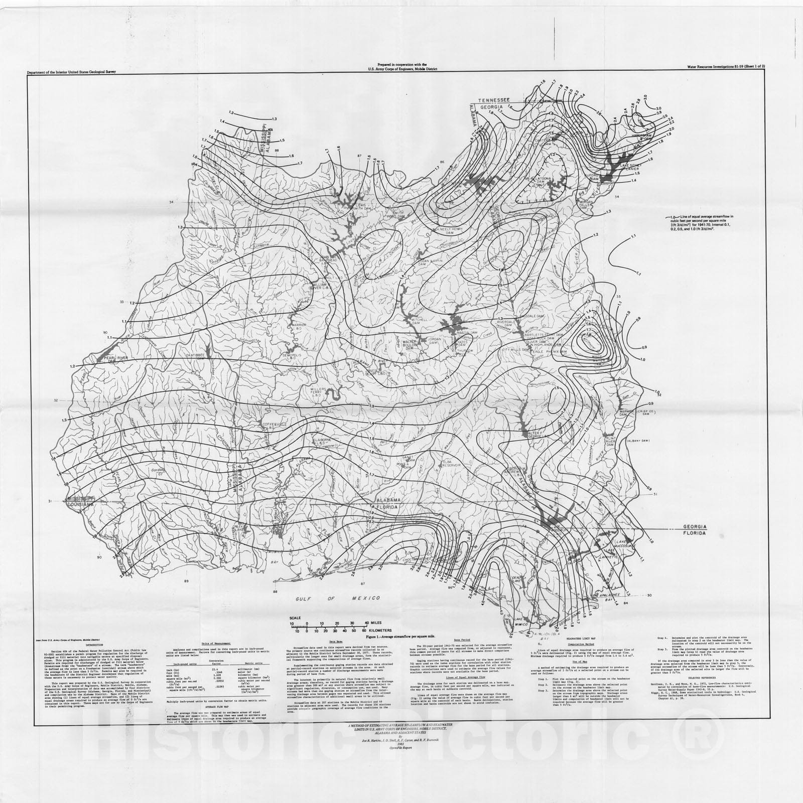Map : A method of estimating average streamflow and headwater limits in U.S. Army Corps of Engineers, Mobile District, Alabama and adjacent states, 1981 Cartography Wall Art :