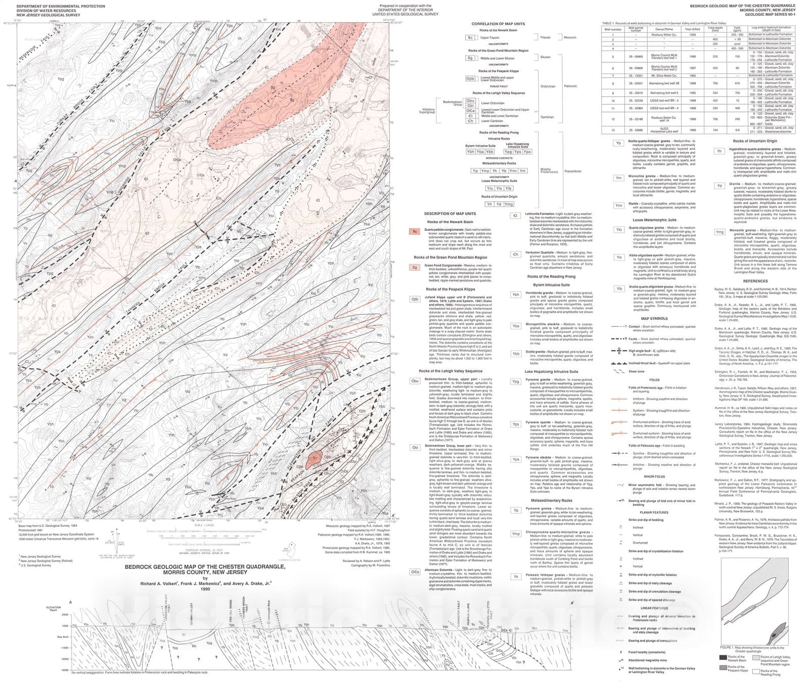 Map : Bedrock Geologic Map of the Chester Quadrangle, Morris County, New Jersey, 1990 Cartography Wall Art :
