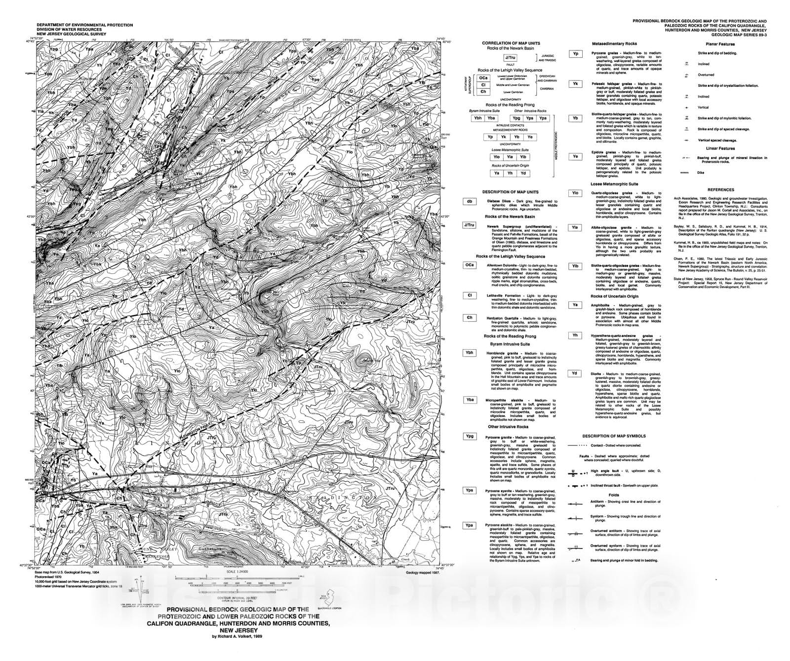 Map : Provisional Geologic Map of the Proterozoic and Lower Paleozoic Rocks of the Califon Quadrangle, Hunterdon and Morris Counties, New Jersey, 1989 Cartography Wall Art :