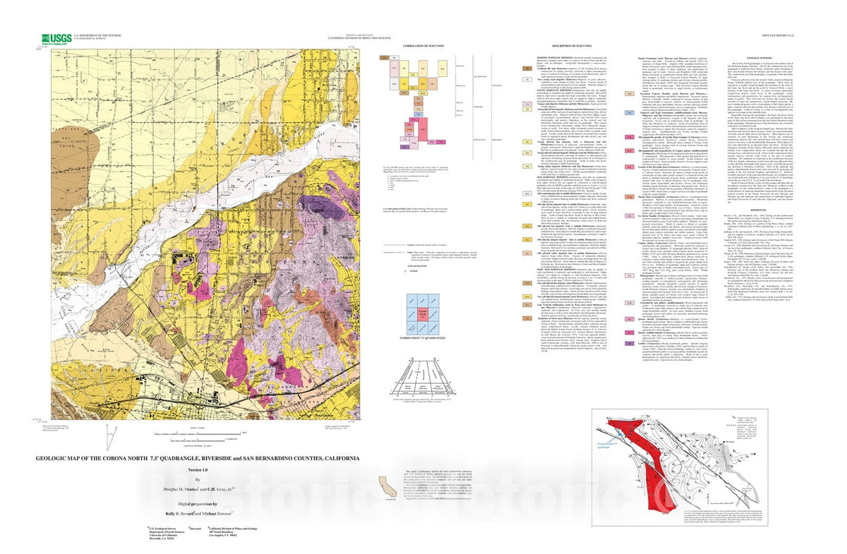 Map : Geologic map of the Corona North 7.5' quadrangle, Riverside and San Bernardino Counties, California, 2002 Cartography Wall Art :