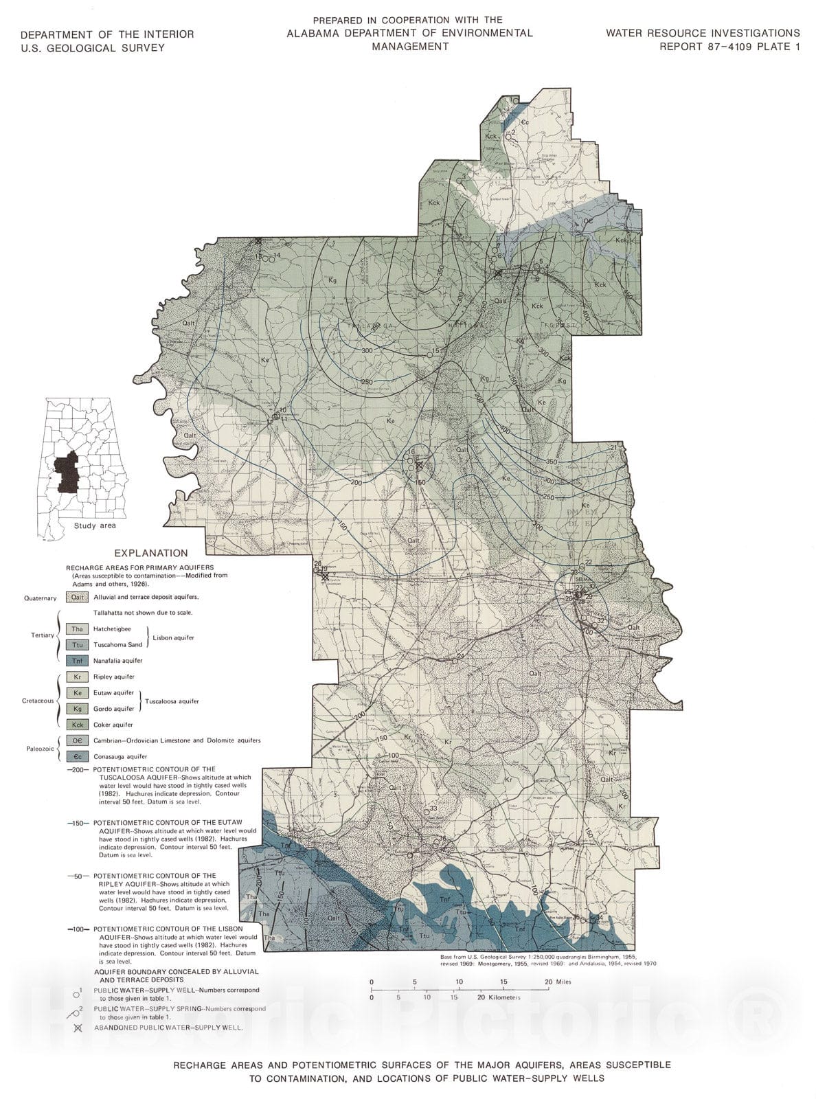 Map : Geohydrology and susceptibility of major aquifers to surface contamination in Alabama; area 7, 1987 Cartography Wall Art :