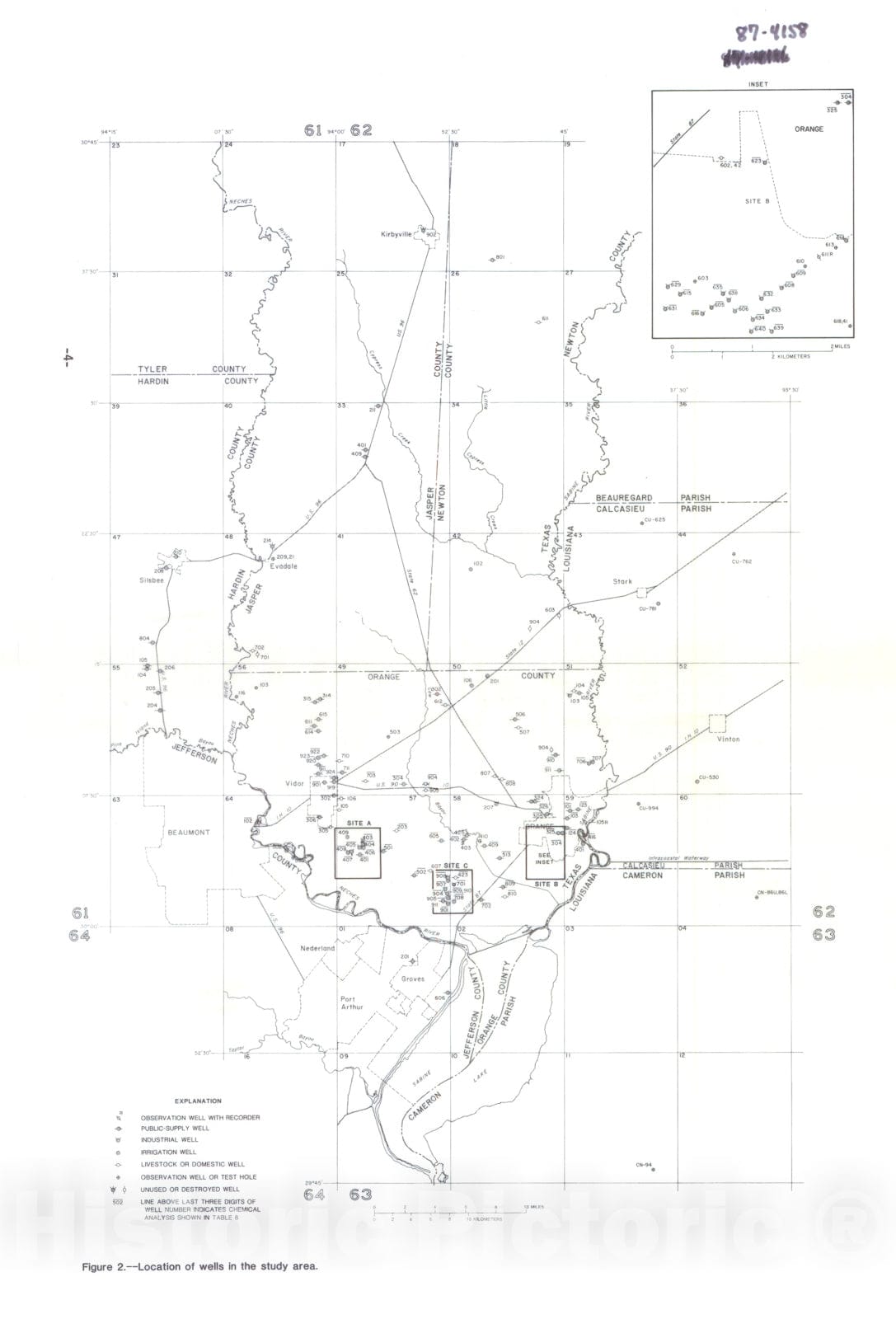 Map : Development of ground-water resources in the Orange County area, Texas and Louisiana, 1980 - spring of 1985, 1987 Cartography Wall Art :