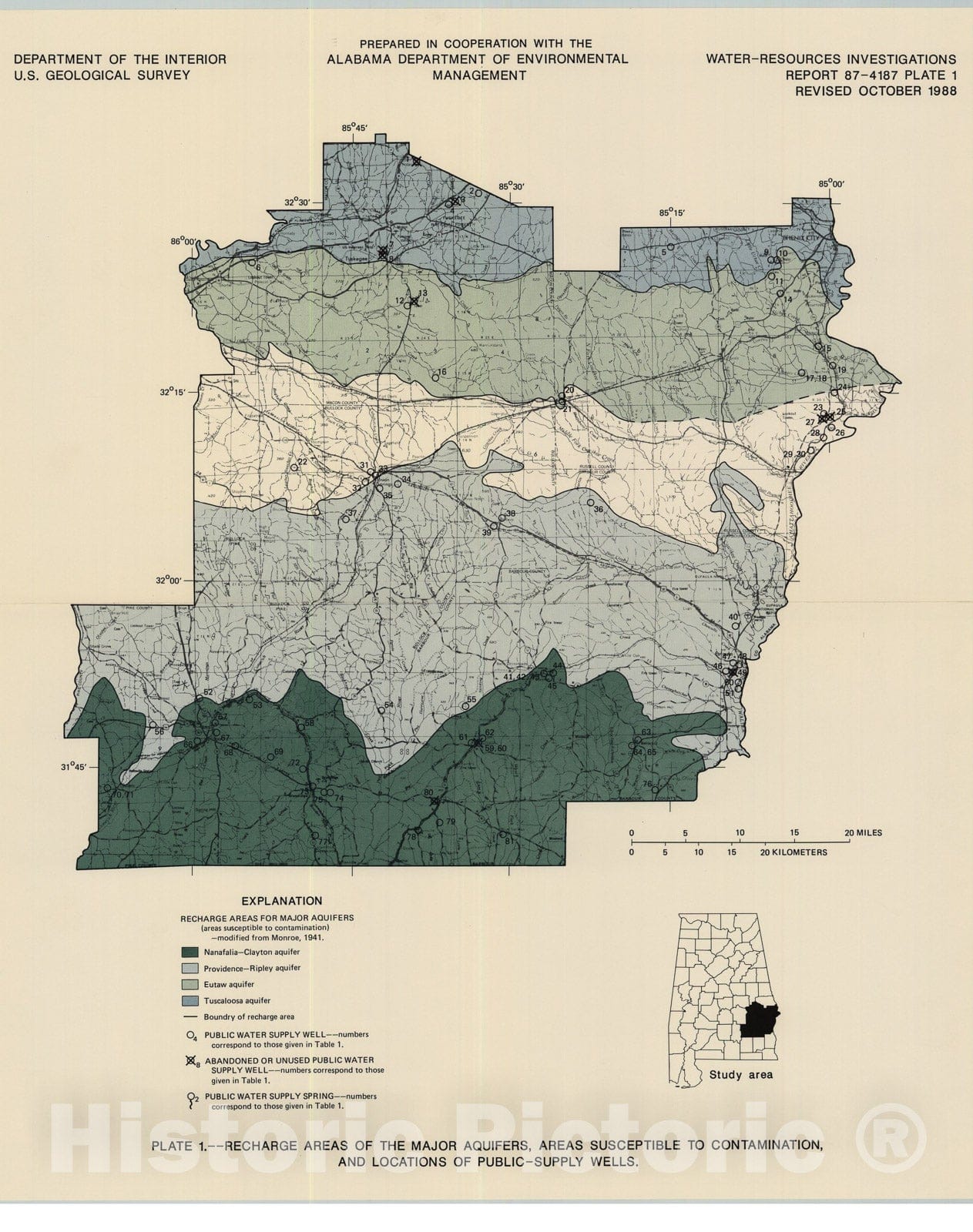 Map : Geohydrology and susceptibility of major aquifers to surface contamination in Alabama; area 9, 1987 Cartography Wall Art :