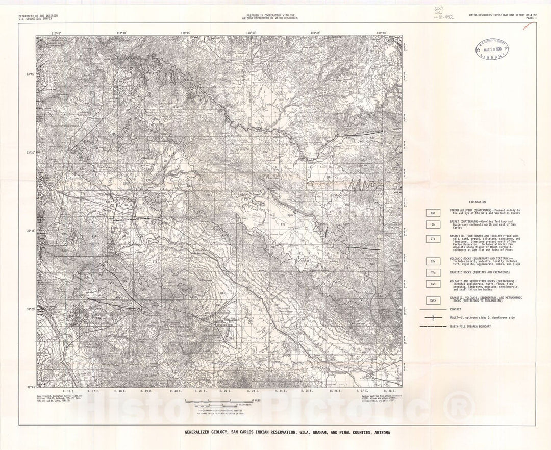 Map : Geology and ground-water resources of the San Carlos Indian Reservation, Gila, Graham, and Pinal Counties, Arizona, 1989 Cartography Wall Art :
