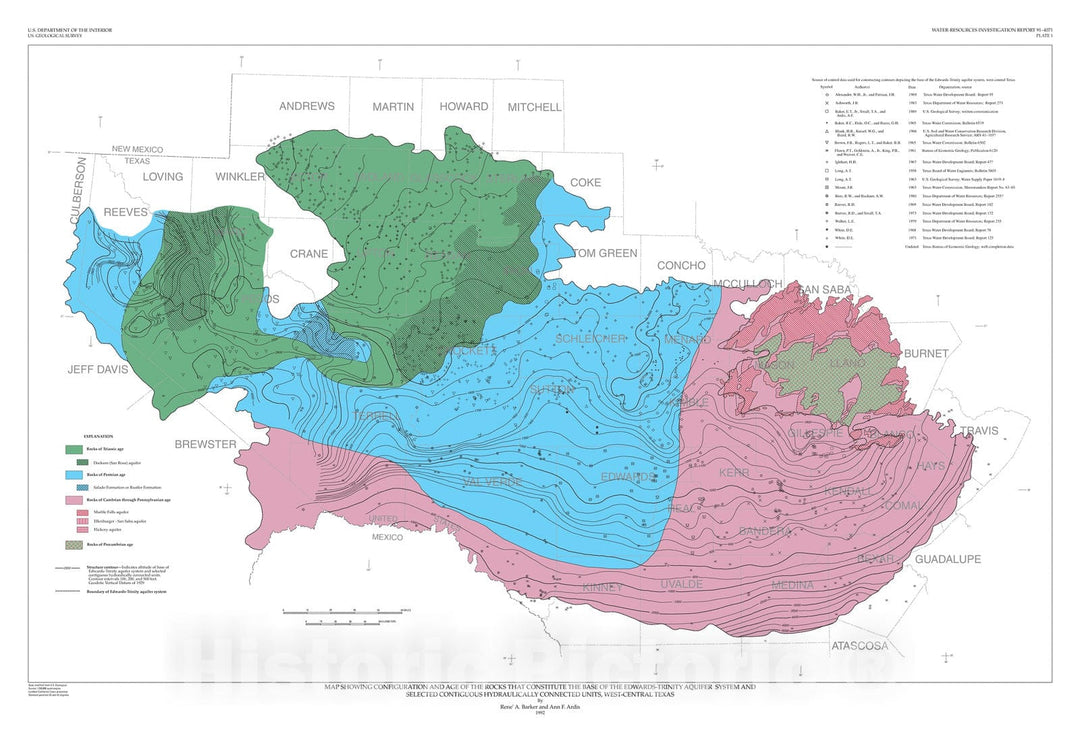 Map : Configuration of the base of the Edwards-Trinity aquifer system and hydrogeology of the underlying Pre-Cretaceous rocks, west-central Texas, 1992 Cartography Wall Art :