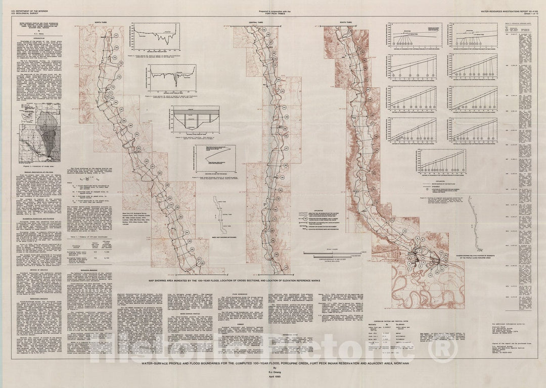 Map : Water-surface profile and flood boundaries for the computed 100-year flood, Porcupine Creek, Fort Peck Indian Reservation and adjacent area, Montana, 1993 Cartography Wall Art :