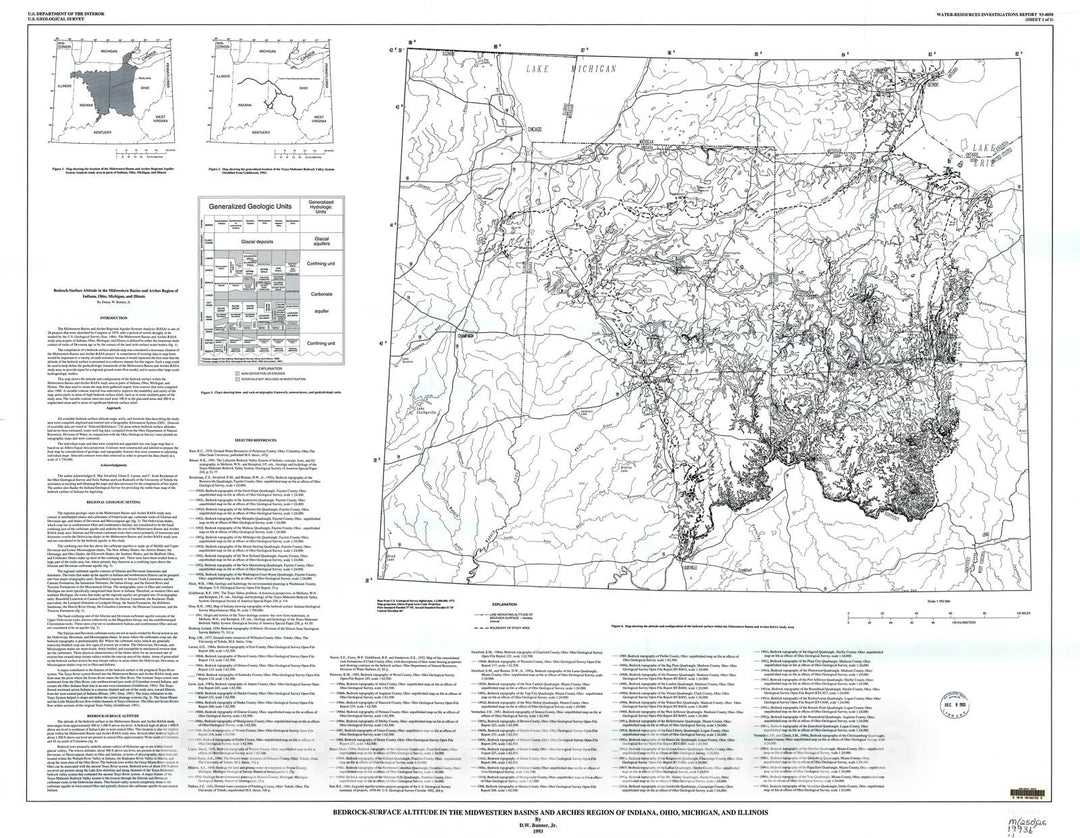 Map : Bedrock-surface altitude in the midwestern basins and arches region of Indiana, Ohio, Michigan, and Illinois, 1993 Cartography Wall Art :