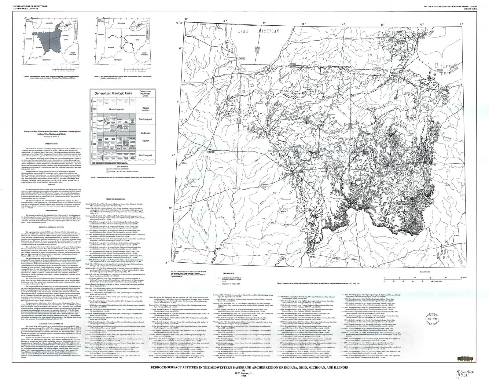 Map : Bedrock-surface altitude in the midwestern basins and arches region of Indiana, Ohio, Michigan, and Illinois, 1993 Cartography Wall Art :