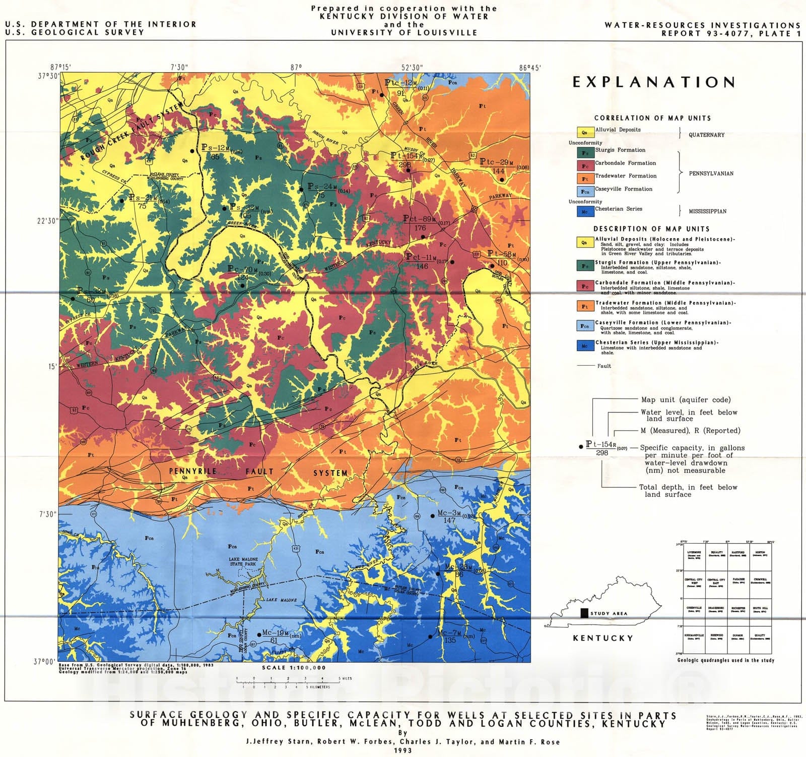 Map : Geohydrology of parts of Muhlenberg, Ohio, Butler, McLean, Todd, and Logan Counties, Kentucky, 1993 Cartography Wall Art :