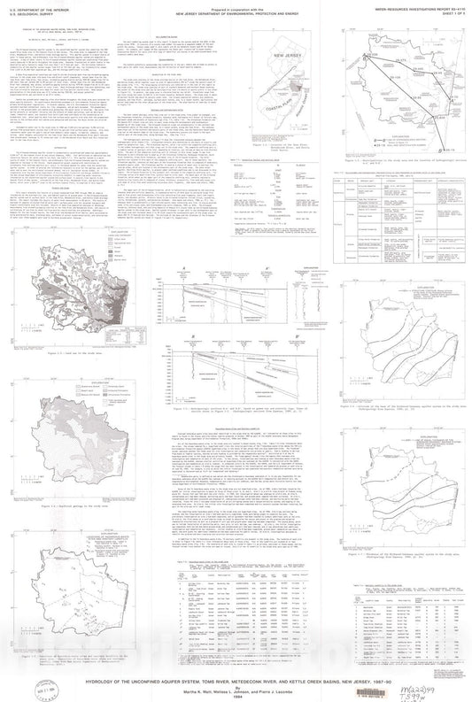 Map : Hydrology of the unconfined aquifer system, Toms River, Metedeconk River, and Kettle Creek Basins, New Jersey, 1987-90, 1994 Cartography Wall Art :