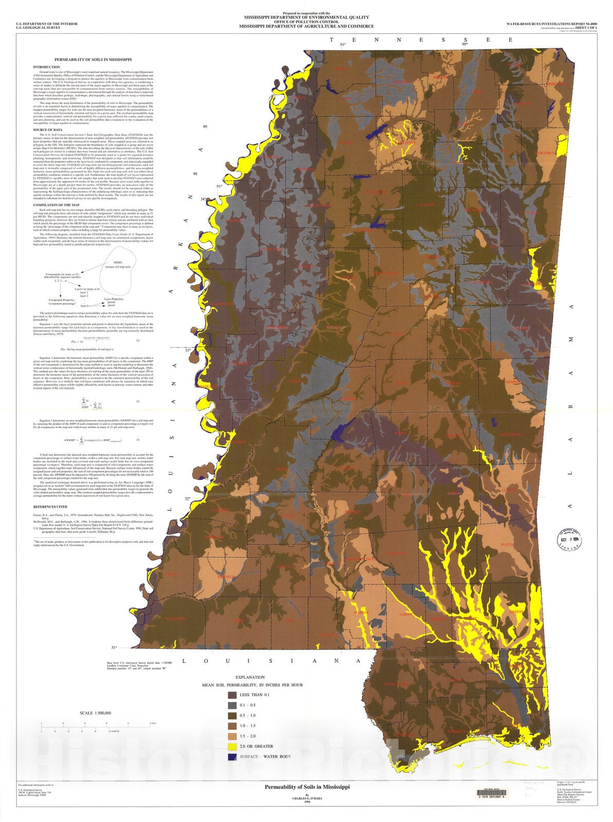 Map : Permeability of soils in Mississippi, 1994 Cartography Wall Art :