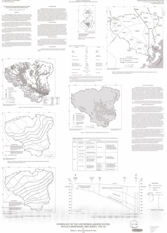 Map : Hydrology of the unconfined aquifer system, Mullica River Basin, New Jersey, 1991-92, 1996 Cartography Wall Art :