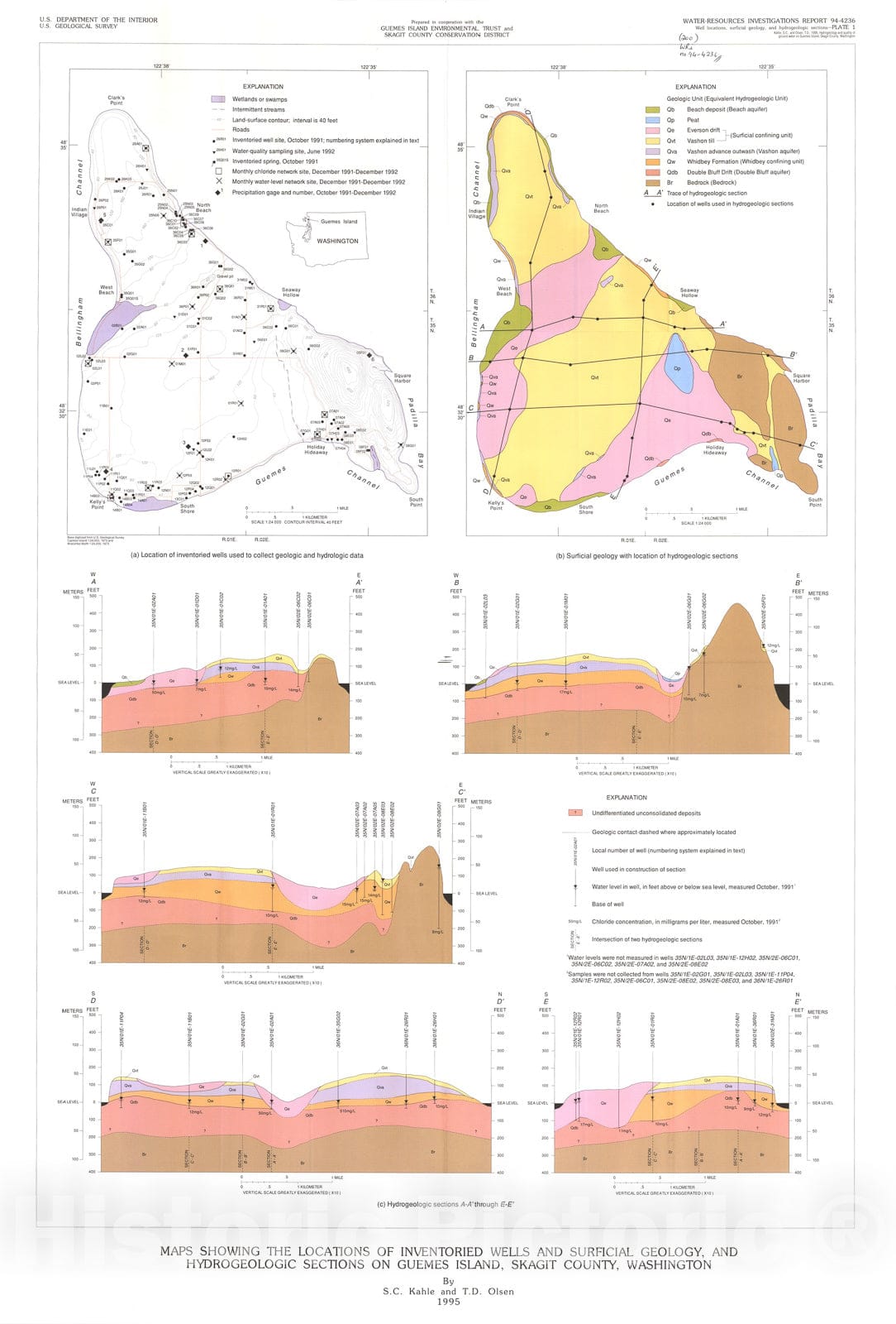 Map : Hydrogeology and quality of ground water on Guemes Island, Skagit County, Washington, 1995 Cartography Wall Art :