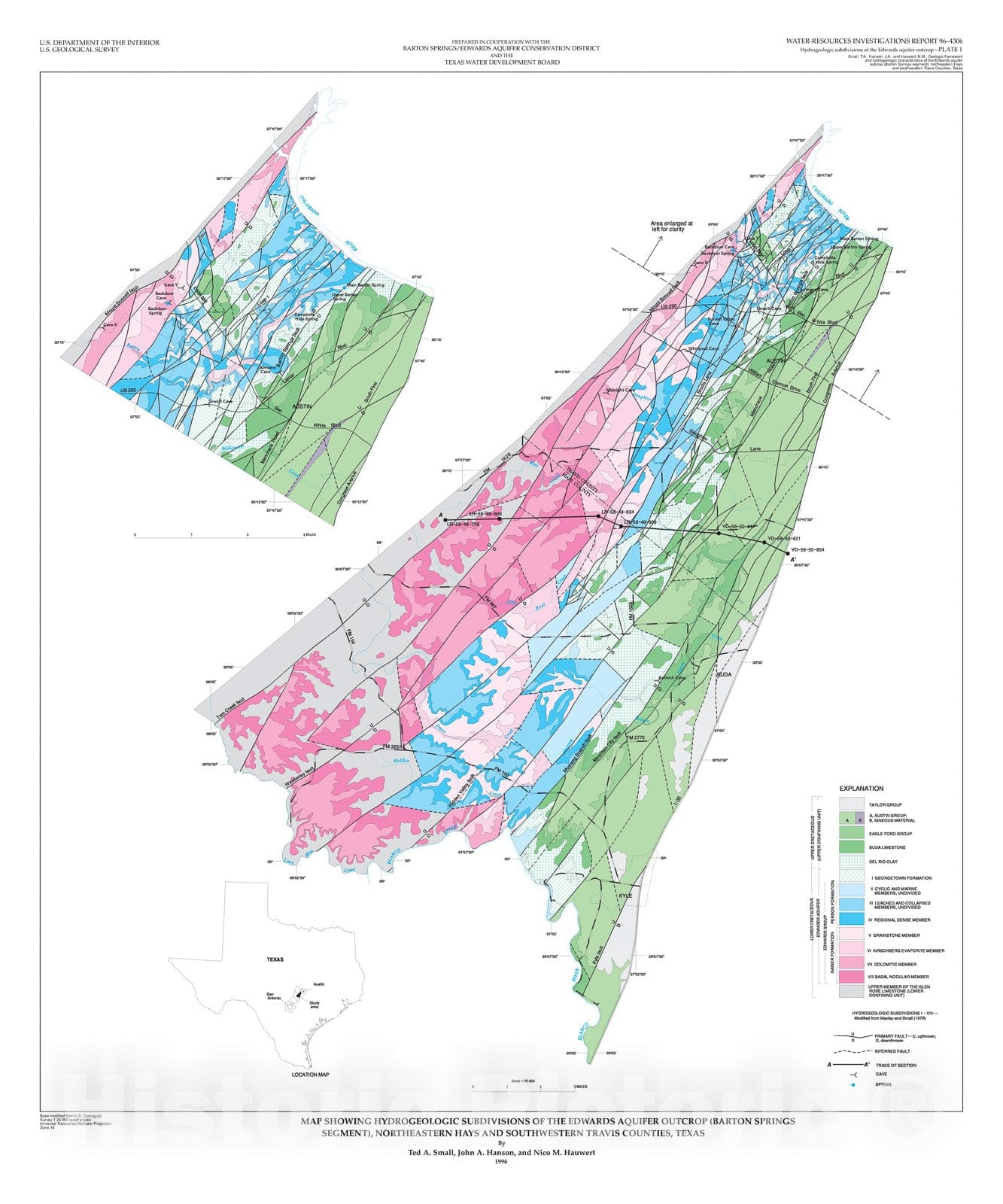 Map : Geologic framework and hydrogeologic characteristics of the Edwards aquifer outcrop (Barton Springs segment), northeastern Hays, 1996 Cartography Wall Art :