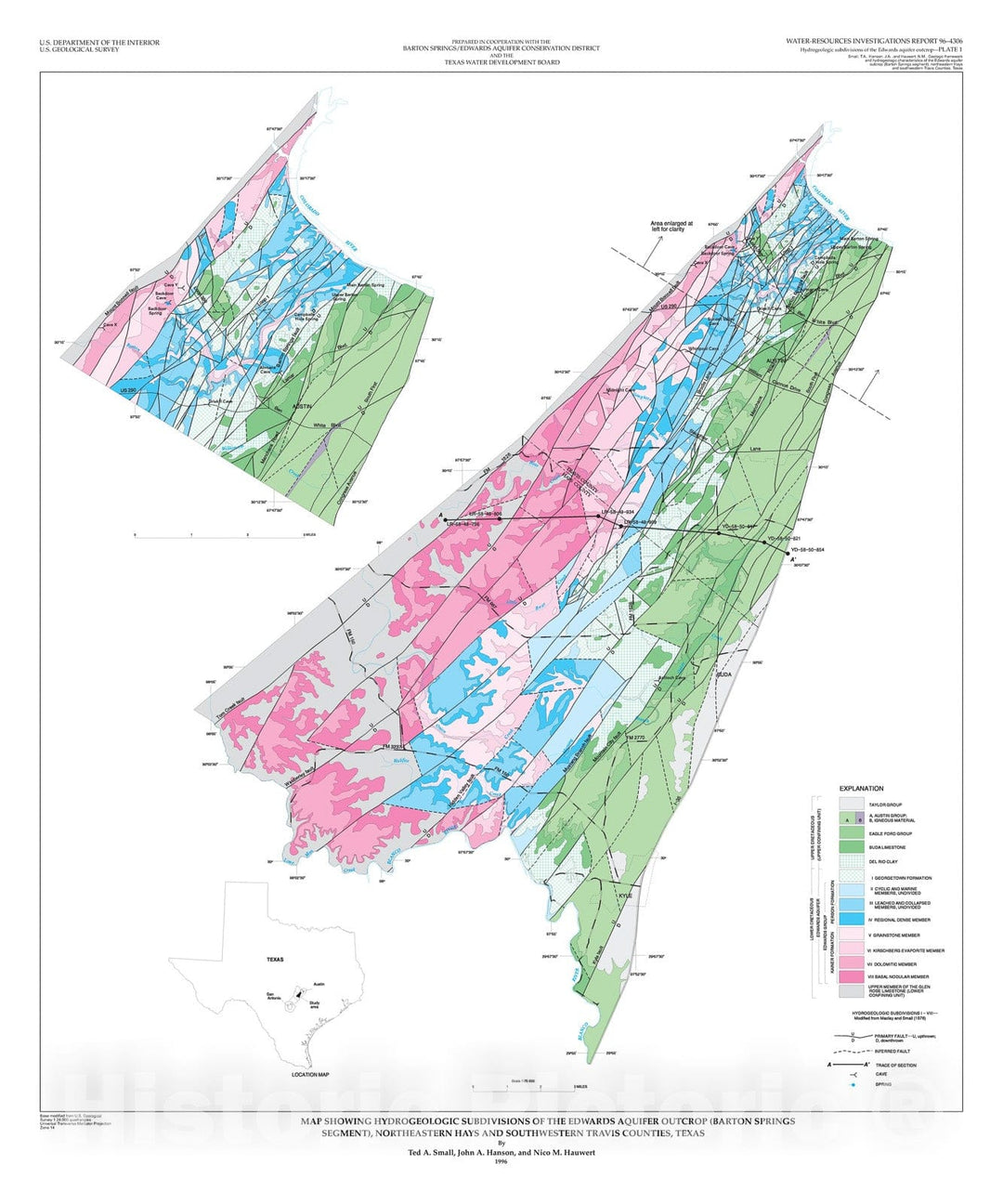 Map : Geologic framework and hydrogeologic characteristics of the Edwards aquifer outcrop (Barton Springs segment), northeastern Hays, 1996 Cartography Wall Art :
