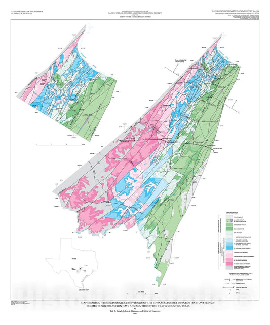 Map : Geologic framework and hydrogeologic characteristics of the Edwards aquifer outcrop (Barton Springs segment), northeastern Hays, 1996 Cartography Wall Art :