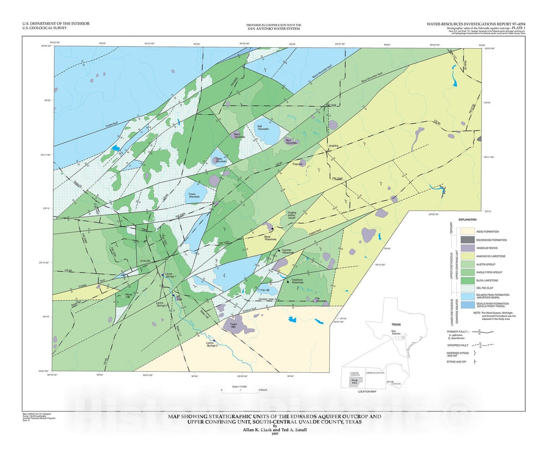 Map : Geologic framework of the Edwards aquifer and upper confining unit, and hydrogeologic characteristics of the Edwards aquife, 1997 Cartography Wall Art :