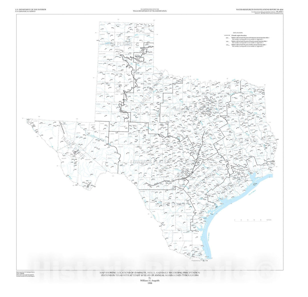 Map : Depth-duration frequency of precipitation for Texas, 1998 Cartography Wall Art :