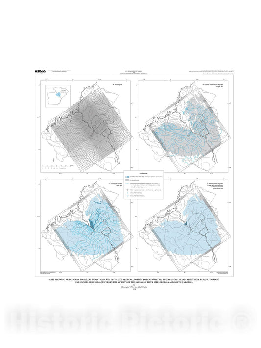Map : Simulation of ground-water flow and stream-aquifer relations in the vicinity of the Savannah River Site, Georgia and South Carolin, 1998 Cartography Wall Art :