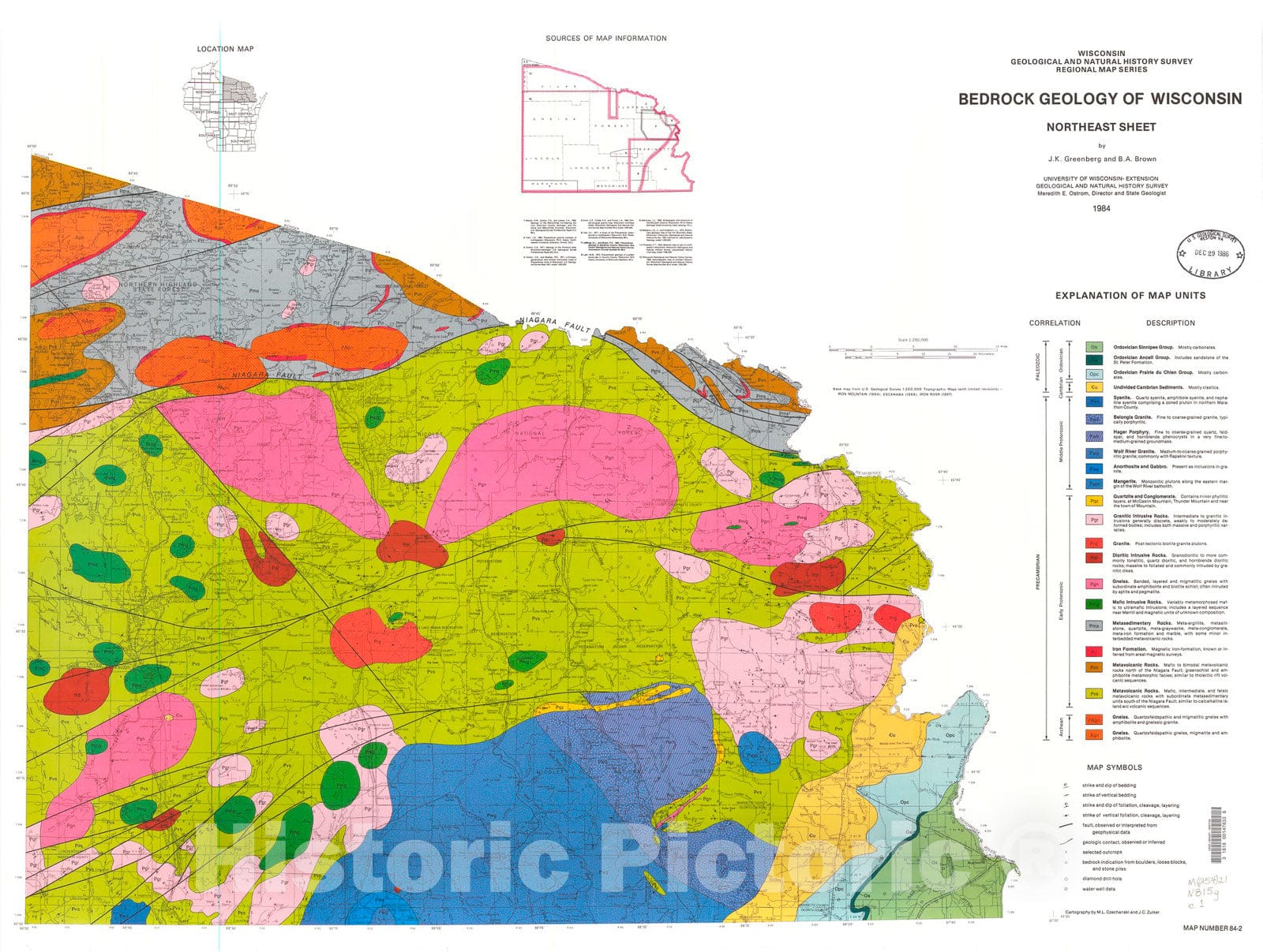 Map : Bedrock Geology of Wisconsin, Northeast Sheet, 1984 Cartography Wall Art :