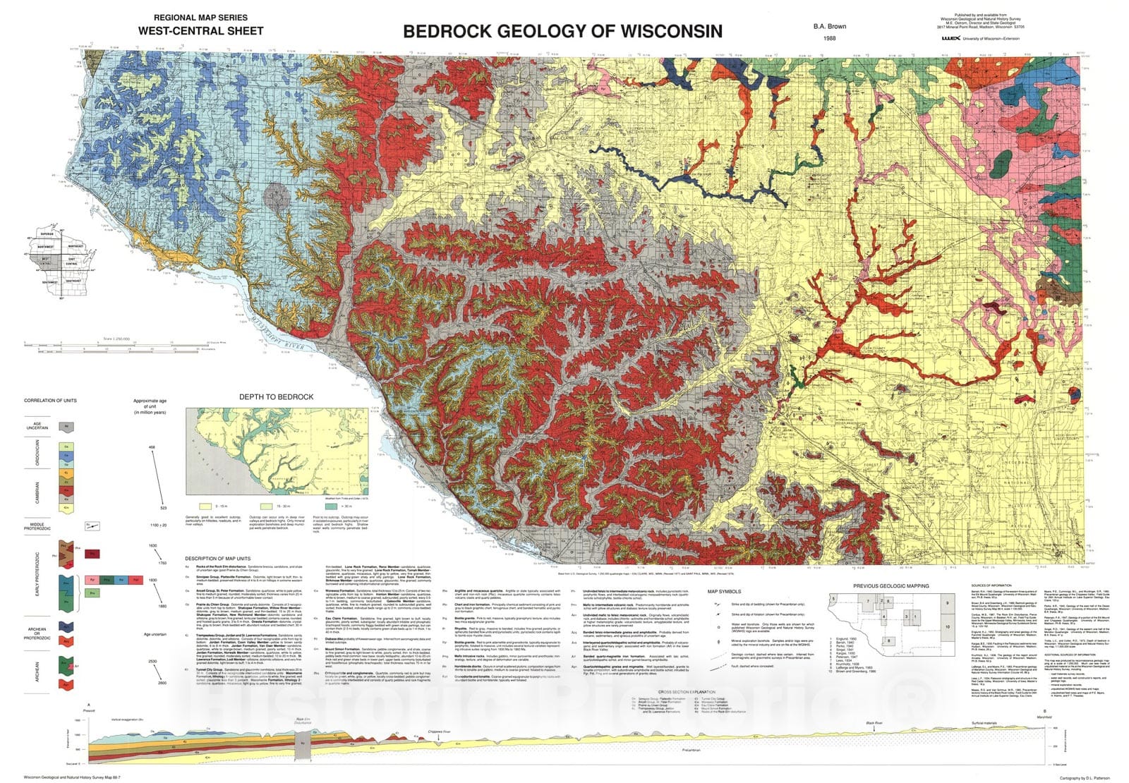 Map : Bedrock Geology of Wisconsin, West-Central Sheet, 1988 Cartography Wall Art :