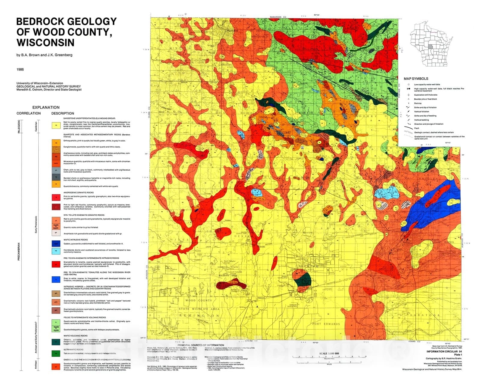Map : Bedrock Geology of Wood County, Wisconsin, 1986 Cartography Wall Art :