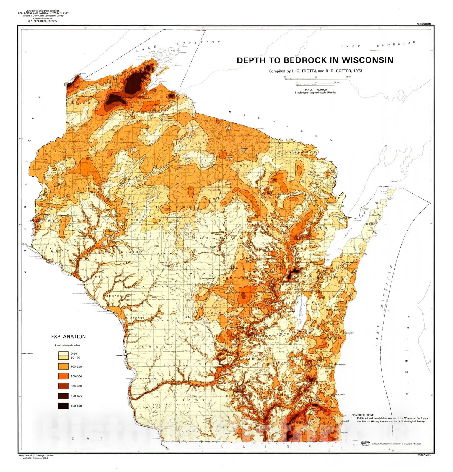 Map : Depth to Bedrock in Wisconsin, 1973 Cartography Wall Art :
