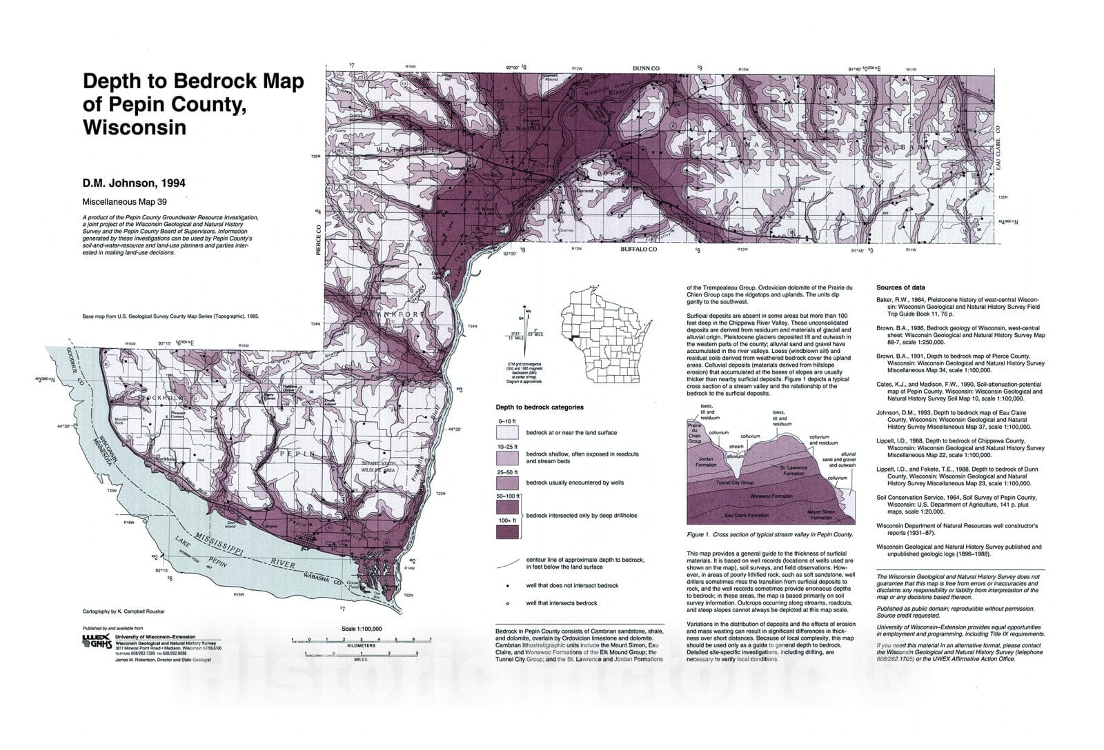 Map : Depth to Bedrock Map of Pepin County, Wisconsin, 1994 Cartography Wall Art :