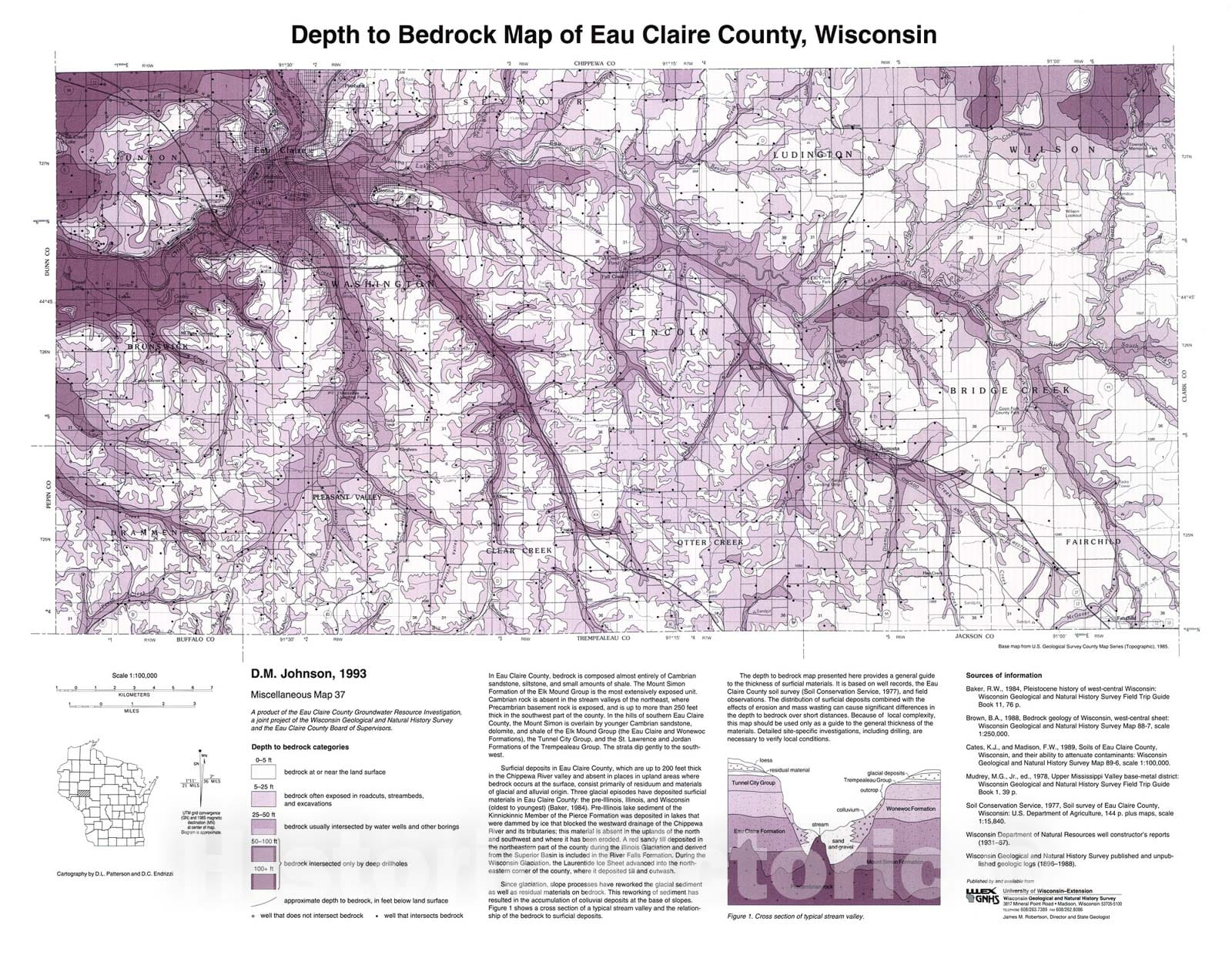 Map : Depth to Bedrock of Eau Claire County, Wisconsin, 1993 Cartography Wall Art :