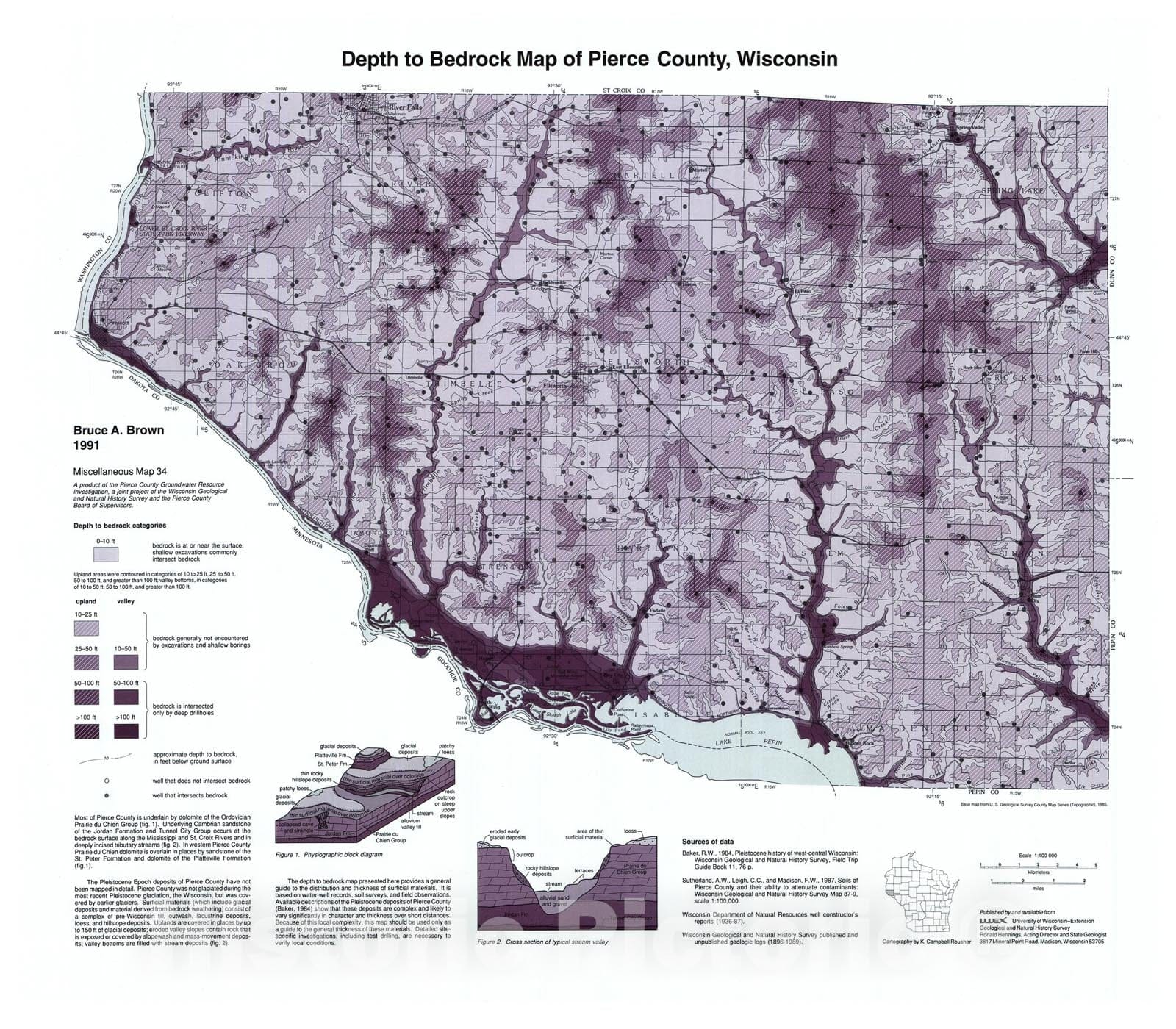 Map : Depth to Bedrock of Pierce County, Wisconsin, 1991 Cartography Wall Art :