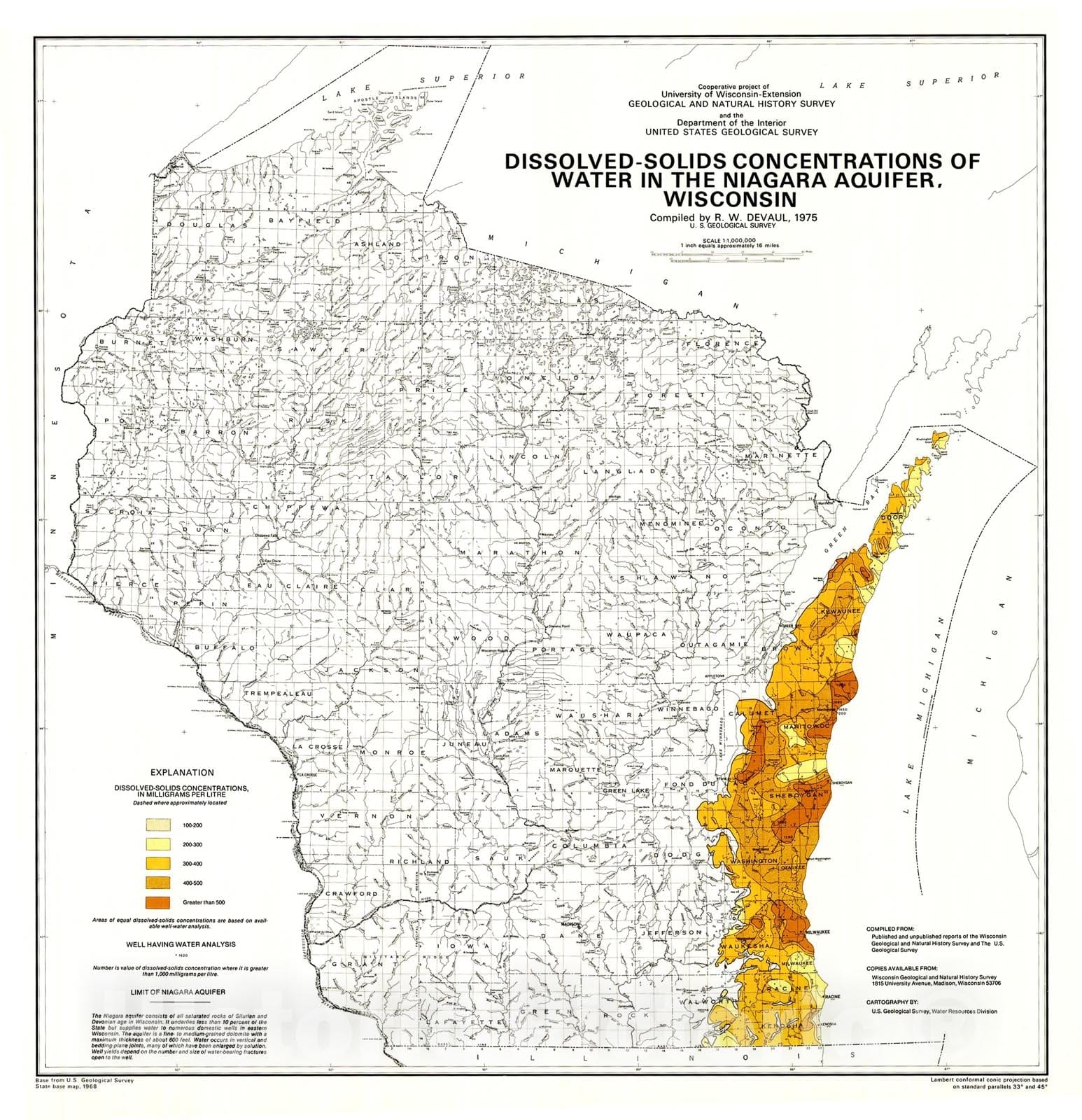 Map : Dissolved-Solids Concentrations of Water in the Niagara Aquifer, Wisconsin, 1975 Cartography Wall Art :