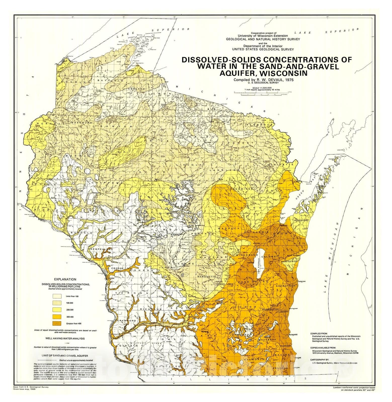 Map : Dissolved-Solids Concentrations of Water in the Sand-and-Gravel Aquifer, Wisconsin, 1975 Cartography Wall Art :