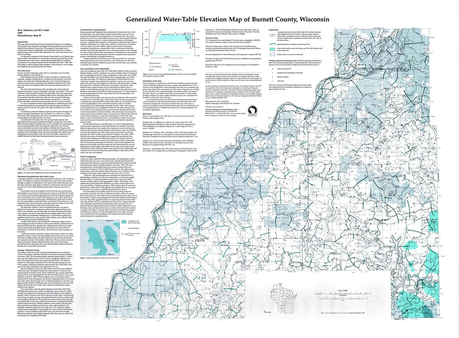 Map : Generalized Water-Table Elevation Map of Burnett County, Wisconsin, 1998 Cartography Wall Art :