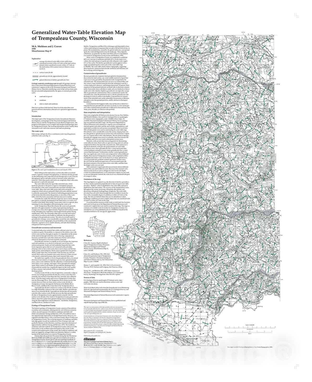 Map : Generalized Water-Table Elevation Map of Trempealeau County, Wisconsin, 1998 Cartography Wall Art :