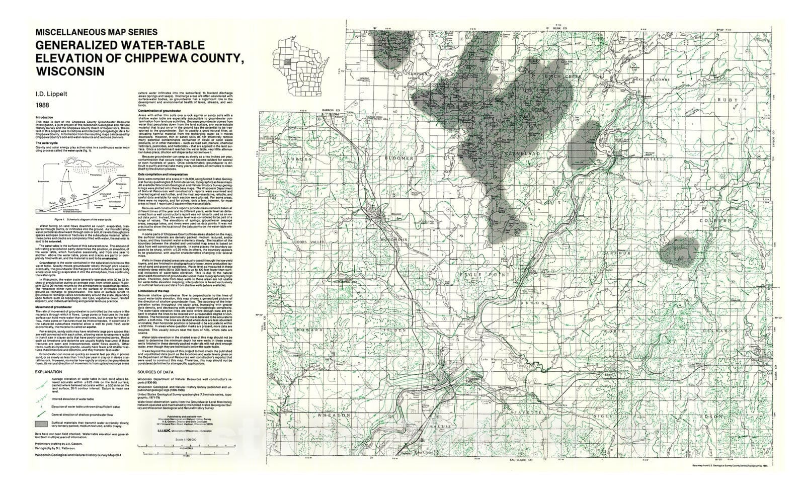 Map : Generalized Water-Table Elevation of Chippewa County, Wisconsin, 1988 Cartography Wall Art :