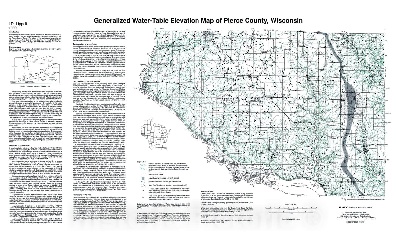 Map : Generalized Water-Table Elevation of Pierce County, Wisconsin, 1990 Cartography Wall Art :