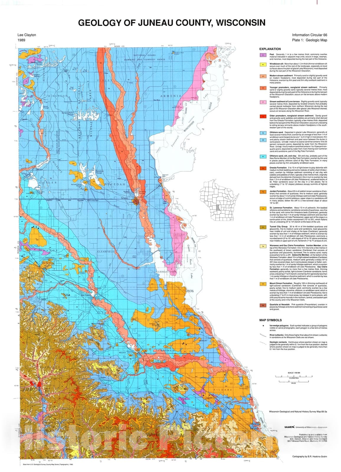 Map : Geology of Juneau County, Wisconsin, 1989 Cartography Wall Art :