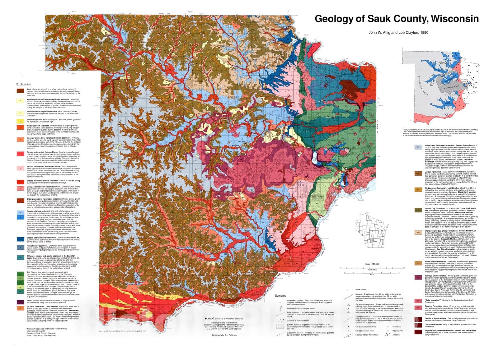 Map : Geology of Sauk County, Wisconsin, 1990 Cartography Wall Art :