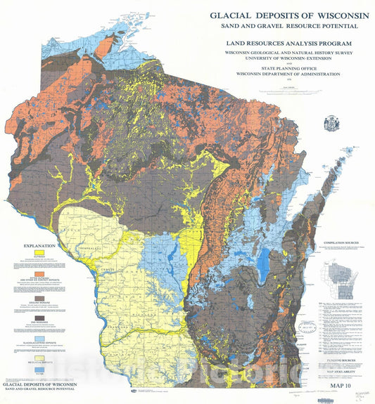 Map : Glacial Deposits of Wisconsin: Sand and Gravel Resource Potential, 1976 Cartography Wall Art :